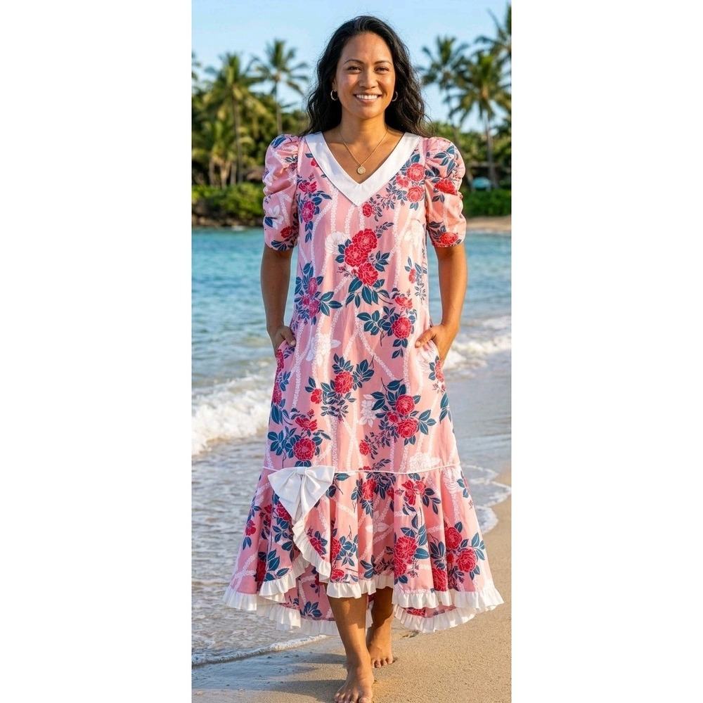 60's Vintage Hilo Hatties Hawaiian Maxi Dress Size 12 Large Pink Caftan Ruffle